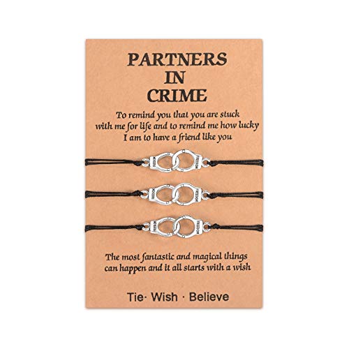 SUNSH Partners in Crime Bracelets for 3 Best Friend Matching BFF Gift Handcuff Charm Wish Card Bracelet for Women Girls Men Boys Friendship Jewelry Graduation Gifts