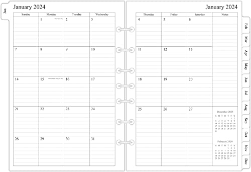 2024 Monthly Planner Refill 5-1/2' x 8-1/2', Runs from January 2024 to December 2024, Two Pages Per Month, Desk Size 4, 7-Hole Punched