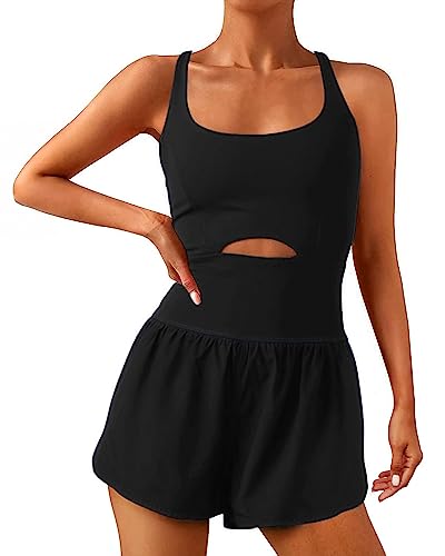 Womens Workout Athletic Romper Padded Bras One Piece Workout Outfits Exercise Jumpsuit Gym Exercise Running Onesie, Black