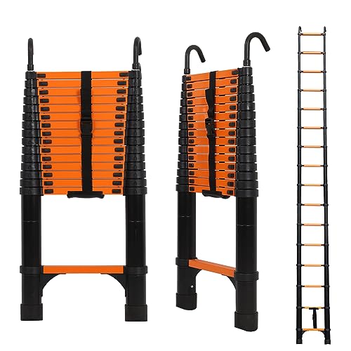 Telescoping Ladder 15.5 FT with 2 Detachable Roof Hooks Aluminum Telescopic Extension Ladder with 2 Triangle Stabilizers, Multi-Purpose Collapsible Ladder for Household and Outdoor Working