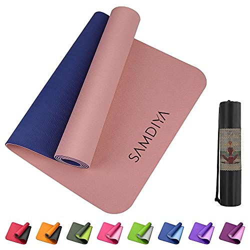 Samdiya Yoga Mat - TPE Classic 1/4 Inch Thick Pro Yoga Mat Eco Friendly Non Slip Fitness Exercise Mat with Carrying Strap-Workout Mat for Yoga, Pilates and Floor Exercises (Peach-Blue)