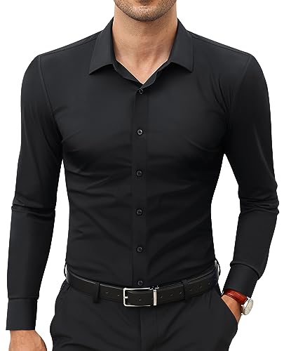 Lion Nardo Mens Black Dress Shirt Black Button Up Shirt Black Shirts for Men Slim Fit Black Dress Shirts Long Sleeve Big