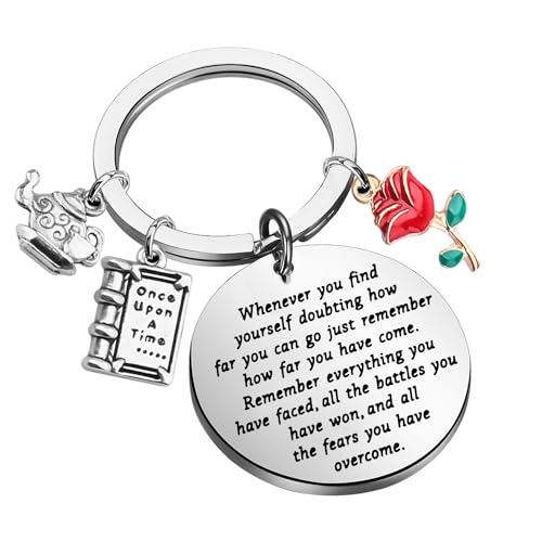 Lywjyb Birdgot Movie Inspired Gift Belle Rose Charm Keychain Fairytale Jewelry Motivational Gift (beauty and beast key)