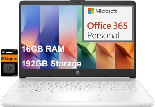 HP 14 Laptop (14' Micro-Edge, Intel N4120, 16GB RAM, 192GB(64GB eMMC+128GB SD), 1-Yr Microsoft 365, 11-Hrs Long Battery Life, Narrow-Bezel, Webcam, WiFi, Win 11 Home in S Mode, Student & Home, White