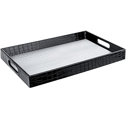 Home Redefined Beautiful Modern Elegant Silver & Black 18inx12in Rectangle Glossy Alligator Decorative Ottoman Coffee Table Perfume Living Room Kitchen Serving Tray with Handles for All Occasion's