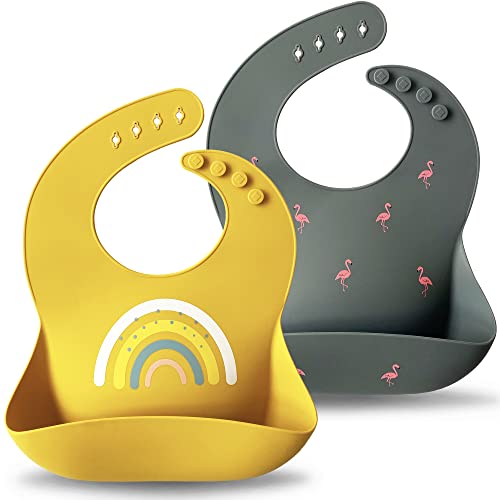 Moonkie Silicone Baby Bibs Set Of 2 | BPA Free Waterproof | Soft Durable Adjustable Silicone Bibs for Babies & Toddlers(Dark Grey/Kodak)