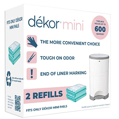 Diaper Dekor Mini Diaper Pail Refills | 2 Count | Most Economical Refill System | Quick & Easy to Replace | No Preset Bag Size Use Only What You Need | Exclusive End-of-Liner Marking