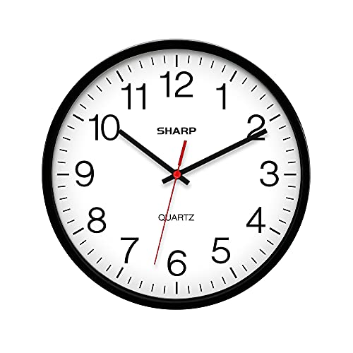 SHARP Wall Clock Silent Non Ticking 10 Inch Quality Quartz Battery Operated Round Easy to Read Home/Kitchen/Office/Classroom/School Clocks, Sweep Movement,Black