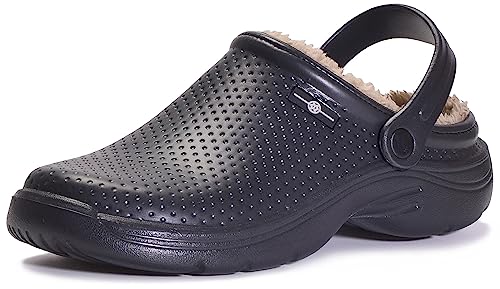 Waterproof House Slippers Women Men Fur Lined Clogs Winter Garden Shoes Warm Fleece Lining Home Shoes Slip On Indoor Outdoor Mules(Black, 10women/9men, 42 EU)