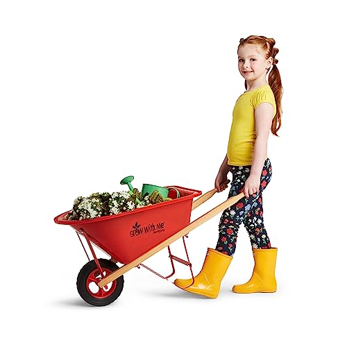 HearthSong Grow with Me Child’s Wheelbarrow, 33”L x 17”W x 15.75”H Bright Red Wheelbarrow, 40 lbs.