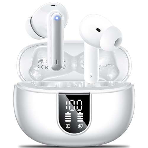 Wireless Earbuds, 2023 Wireless Headphones HiFi Stereo Earphones with 4 ENC Noise Canceling Mic, 42Hs Playtime In Ear Earbud, Bluetooth 5.3 Sport Earphones with LED Power Display for Android iOS White