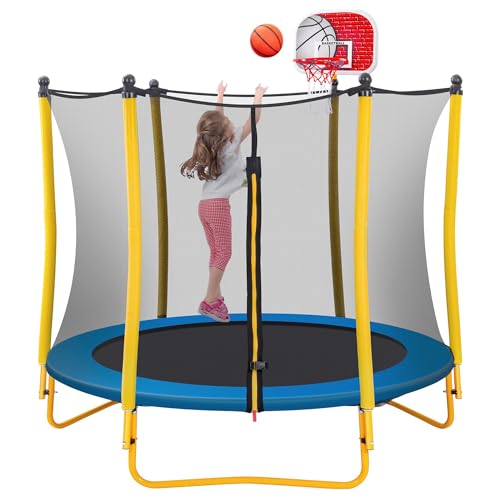 Merax 66'' Trampoline for Kids with Basketball Hoop, Rubber Ball and Safety Enclosure Net, 5.5FT Mini Toddler Trampoline for Indoor Outdoor Birthday Gifts for Kids Age 1-8