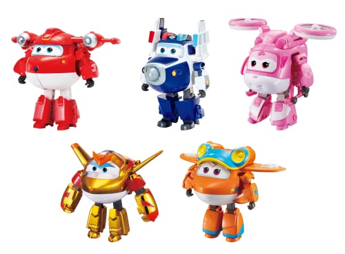 Super Wings 5' Transforming Toys 5-Pack, Supercharged Jett, Supercharged Paul, Supercharged Dizzy, Golden Boy & Sunny Airplane Toys Action Figures, Preschool Toy Plane for 3 4 5 Year Old Kids