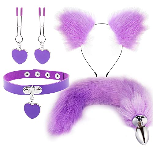 AIQUEA 4Pcs Purple Fox's Wolf Tail Ear with Anales Bu-tt Plug Leather Necklace for Trainer Women Men Fancy Dress Cosplay Set Gift