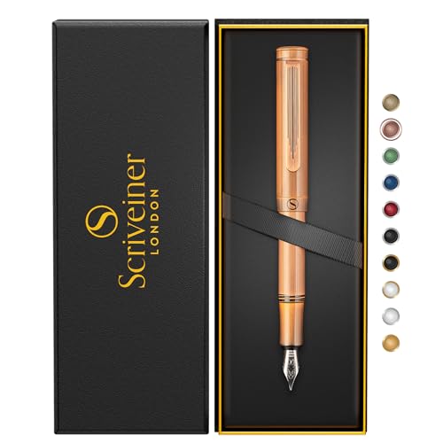 Scriveiner Luxury EDC Fountain Pen (Fine), Stunning Heavy Brass Pocket Pen, Hand Brushed Copper Finish, Schmidt German Nib Converter, Best Writing Pen Gift Set for Men Women, Nice Fancy Designer Pen