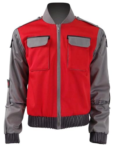 Back To The Futu Marty McFly Costume Jacket Hooded Pullover Costume Unisex Coat Sweatshirt Casual Outwear (US, Alpha, X-Large, Regular, Regular, Red)