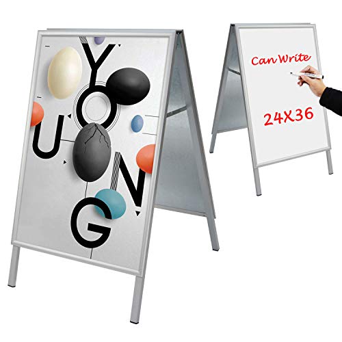 Sidewalk Sign for Indoor and Outdoor Signs - Open Aluminum A Frame Sign Poster Board 24x36 Inches, White Dry Erase Surface - Heavy Duty Double Sided Sandwich Board, Street Advertising Sign Board