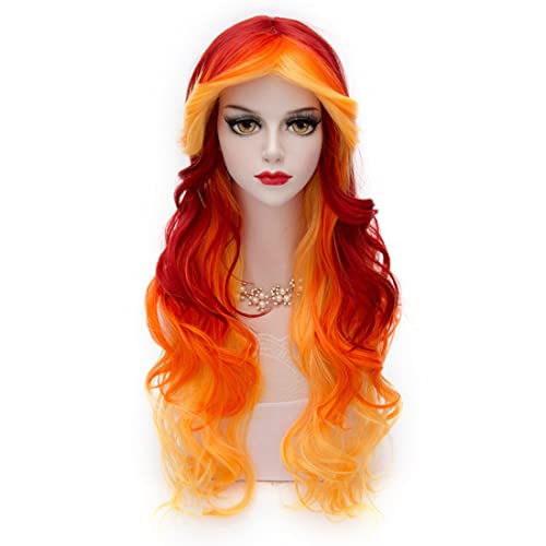 MQ Women Orange Yellow Wigs, Long Curly Wavy Wig for Girls 29.5 Inch Colorful Wigs Cosplay Costume Party Fluffy Wig Synthetic Charming Heat Friendly Ombre Wigs (Yellow to Orange to Red)