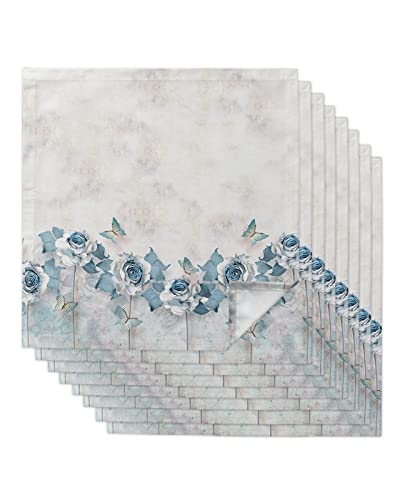 Blue Flower Dinner Napkins Cloth Set of 8, Elegant Marble Abstract Vintage Florals Premium Polyester Napkins 20 x 20 Inch, Washable and Reusable Table Napkins for Wedding Cocktail Hotel