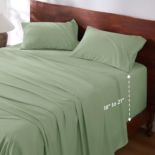 Bedsure Deep Pocket Queen Sheets Set - Fits Mattresses Up to 21' Thick, 4 Piece Air Mattress Sheets with Deep Pocket, Moisture Wicking Soft Cooling Bedding Sheets & Pillowcases, Light Green