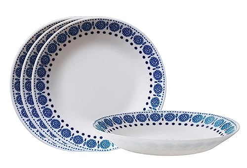 Corelle MilkGlass 4-Piece (23 Oz) 8.5' Pasta Bowl Plate Set, Higher Rimmed Glass Dinnerware For Pasta Salad Meal, Graphic Stitch, Azure Medallion