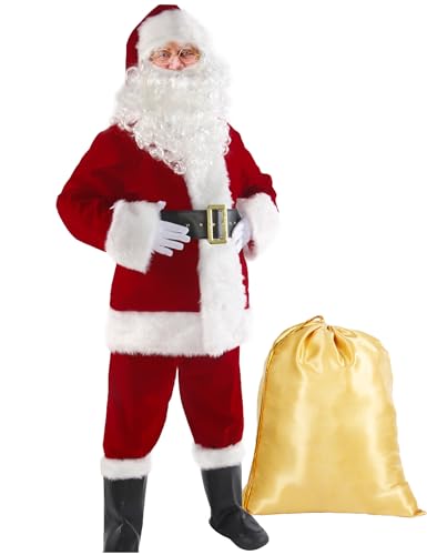 WHOBUY Men's Deluxe Santa Suit 11pc. Christmas Adult Santa Claus M
