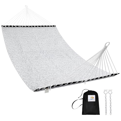 Patio Watcher 13 FT Double Quick Dry Hammock Folding Concealed Steel Spreader Bar Portable Two Person Hammock for Camping Outdoor Patio Yard Beach，450 lbs Capacity，Grey White