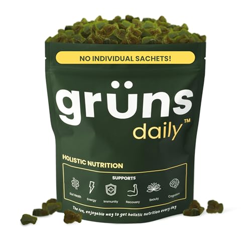 Grüns Super Greens Gummy Bears: Organic Spirulina and Chlorella, Prebiotics for Digestive Health, 20+ Vitamins and Minerals, Adaptogens - 112 Gummies