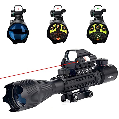 UUQ 4-16x50 Tactical Rifle Scope Red/Green Illuminated Range Finder Reticle W/Laser Sight and Holographic Reflex Dot Sight (Red Laser)
