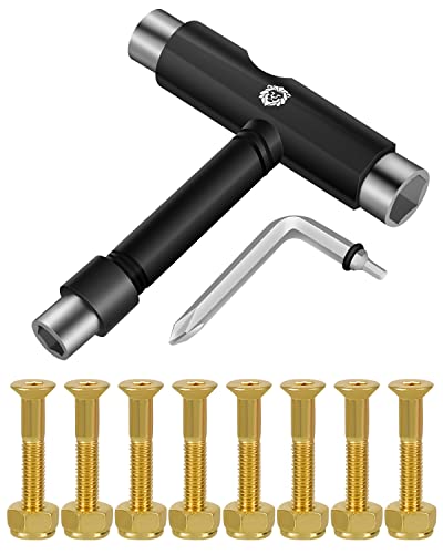 Panjshirv Skateboard Tools Skate Tools Multi-Function Portable Skateboard T Tool Accessory ，T-Type Allen Key and L-Type ，Skateboard Hardware Gold Bolts Set (Black)