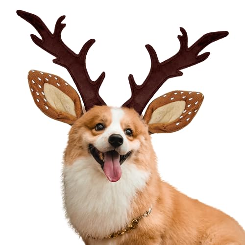KUDES Dog Cat Christmas Reindeer Antlers Headband Classic Adjustable Elk Hat Headwear Pet Deer Cospaly Costumes Accessories (M(for Small Medium Dogs))