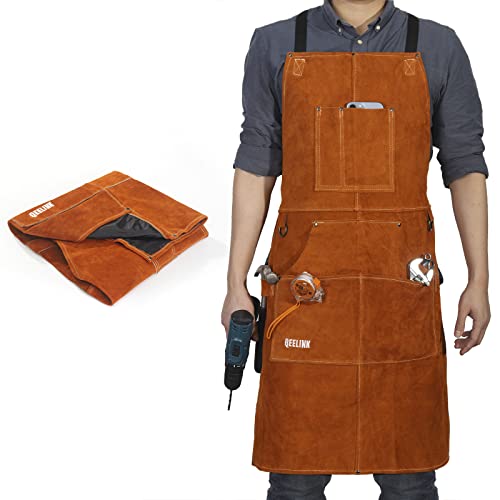 QeeLink Leather Welding Work Shop Apron with 6 Tool Pockets, Heat & Flame Resistant Cowhide Heavy Duty Blacksmith Apron, 24' x 36', Adjustable M to XXXL for Men & Women (Brown)
