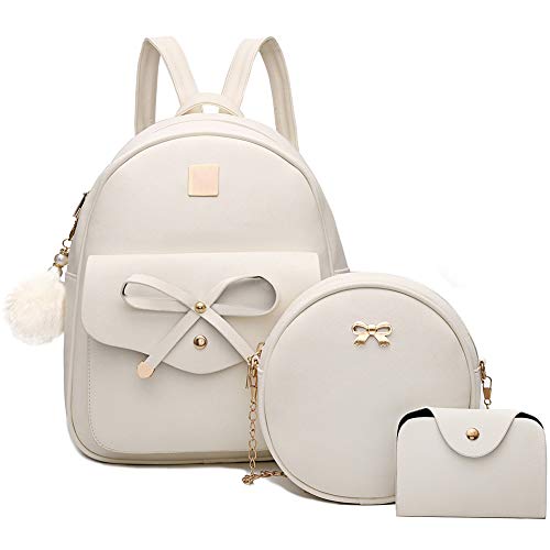 I IHAYNER Girls Bowknot 3-Pieces Fahsion Leather Backpack Backpack Purse for Women Rucksack for Ladies Shoulder Bag Beige
