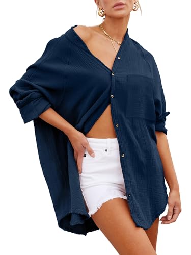 Bathing Suit Covers for Womens Swimsuit Coverups Button Down Shirts Bikini Beach Cover Ups for Women Denim Blue L