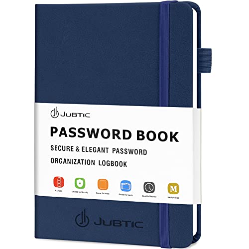 JUBTIC Password Book with Alphabetical Tabs. Medium Size Password Keeper Book for Internet Website Address Log in Detail. Hardcover Password Notebook & Organizer for Home Office, Navy Blue