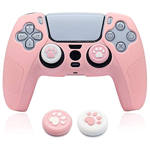 BRHE Skin for PS5 Controller Grip Cover Anti-Slip Silicone Protector Rubber Case Cute Kawaii Accessories Set Gamepad Joystick Shell with 2 Thumb Grip Caps (Full Covered, Pink)