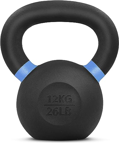 Yes4All Powder Coated Kettlebell Weights with Wide Handles & Flat Bottoms–12kg/26lbs Cast Iron Kettlebells for Strength, Conditioning & Cross-Training, Size D-12 KG/26 LB (SD7M),E -Blue- 12 KG / 26 LB