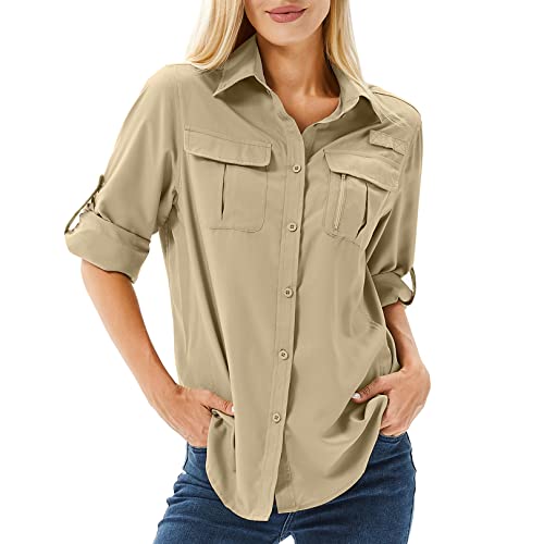 Toumett Women's UPF 50 Long Sleeve UV Sun Protection Safari Shirts Outdoor Quick Dry Fishing Hiking Travel Shirts(5071,Khaki,XS)