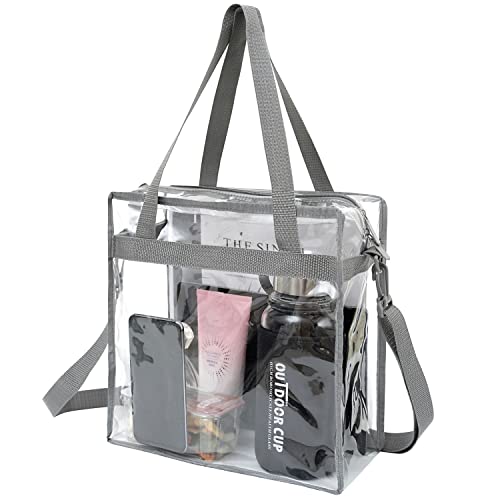 BAGAIL Clear bags Stadium Approved Clear Tote Bag with Zipper Closure Crossbody Messenger Shoulder Bag with Adjustable Strap(Grey)