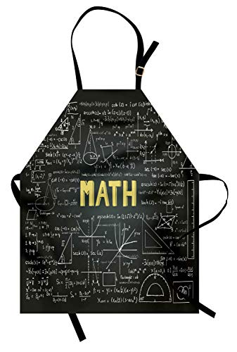 Lunarable Mathematics Room Apron, Dark Blackboard Backdrop with Math Equations Geometry Axis Art, Unisex Kitchen Bib with Adjustable Neck for Cooking Gardening, Adult Size, Green Yellow