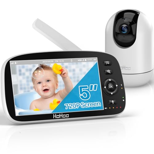 HOHOO Baby Monitor, 5' 720P HD Split Screen, 30 Hours Battery Life Baby Monitor with Camera and Audio|Remote PTZ, Two-Way Audio, Zoom, Night Vision, Lullabies, 960ft Long Range