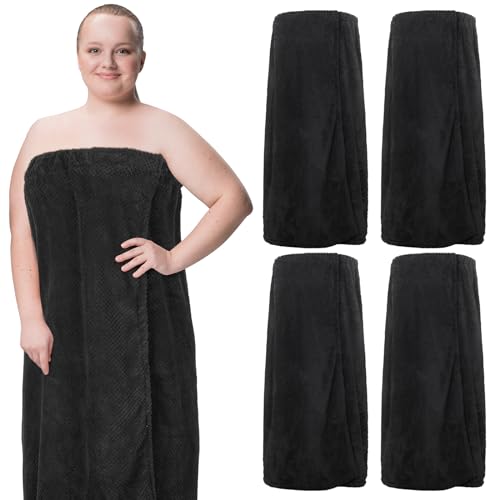 4 Pcs Towel Wrap for Women Waffle Spa Robe with Adjustable Closure Elastic Top Lightweight Wraps for Bath Shower (Black,Medium)