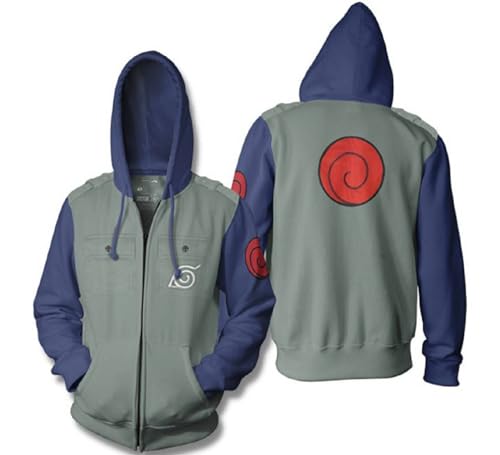 Ripple Junction Naruto Shippuden Men's Full Zip Up Hooded Sweatshirt Kakashi Hatake Anime Zippered Fleece Hoodie Olive Large