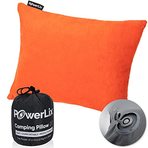 POWERLIX Travel Camping Pillow - Memory Foam & Inflatable - Removable Machine Washable Cover for Stomach and Side Sleeper, Adults Kids, Outdoor Camping Backpacking Hiking Car Essential Gear