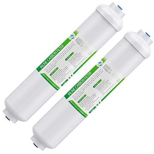 Membrane Solutions T33 Inline Water Filter, 1/4' Quick-Connect Filter Replacement Cartridge In-line Filter for Refrigerator & Ice Maker, Post-Carbon Filter for Reverse Osmosis Water System, 2-Pack
