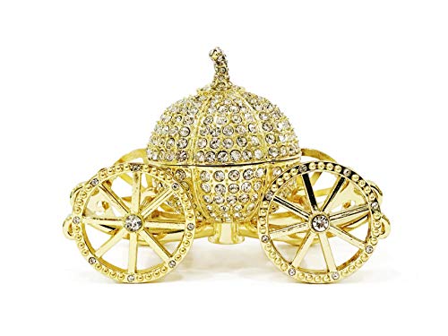 VI N VI Gold Princess Cinderella Silver Rhinestone Crystal Pumpkin Carriage Trinket Box, Jewelry Box | Hand Painted Collectible Figurine and Decorative Jewelry Display, Holder, and Organizer
