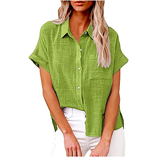 Ceboyel Women Short Sleeve Cotton Linen Shirts Button Down Blouse Cute Tops for Women Loose Fit Gauze Collared Summer Tops Work Boho Casual Ladies Clothes Mint Green L