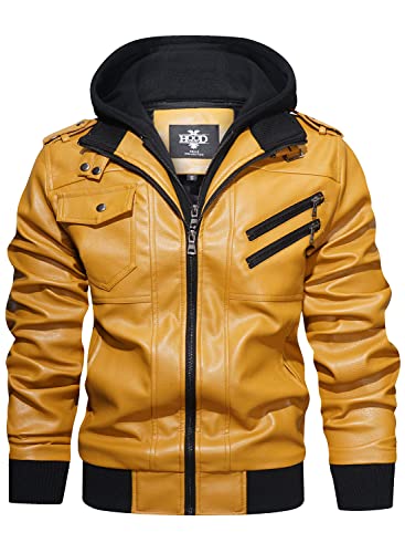 HOOD CREW Men’s Casual Stand Collar PU Faux Leather Zip-Up Motorcycle Bomber Jacket With a Removable Hood Yellow L