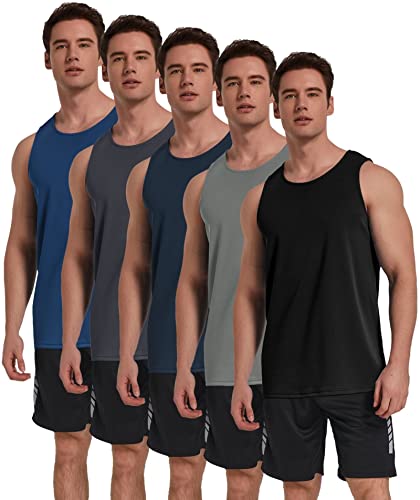 TELALEO 5 Pack Men's Workout Tank Tops Sleeveless Mesh Muscle Gym Shirt Quick Dry Black/Gray/Charcoal/Navy/Blue L