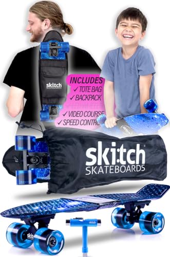 SKITCH Complete Skateboards for Kids Ages 6-12 Beginners Boys Year Old Children Youth Teens Gift Set 22 Inch Penny Board Mini Cruiser ABEC 9 Bearings Skateboard Backpack Bag Skate Tool (Blue Galaxy)